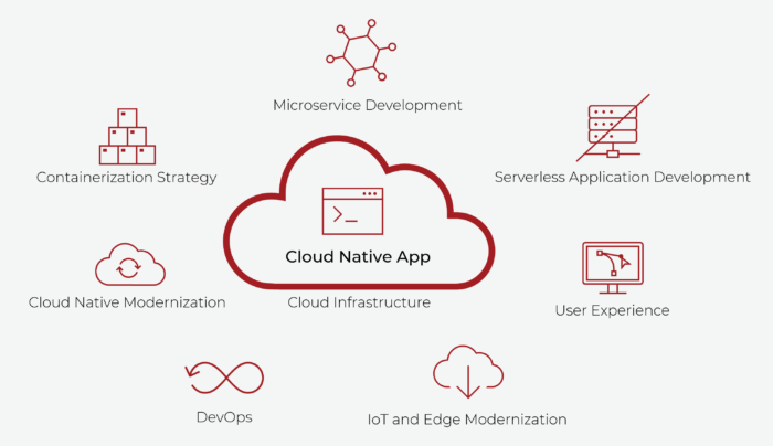 Infographic with a central cloud icon labeled 'Cloud Native App' surrounded by eight services: Containerization Strategy, Microservice Development, Serverless Application Development, User Experience, Cloud Infrastructure, IoT and Edge Modernization, DevOps, and Cloud Native Modernization.